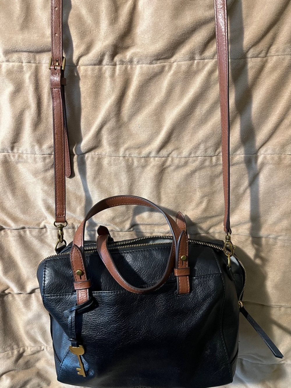 Fossil  Black Leather Rachel Satchel Bag with Brown Accents